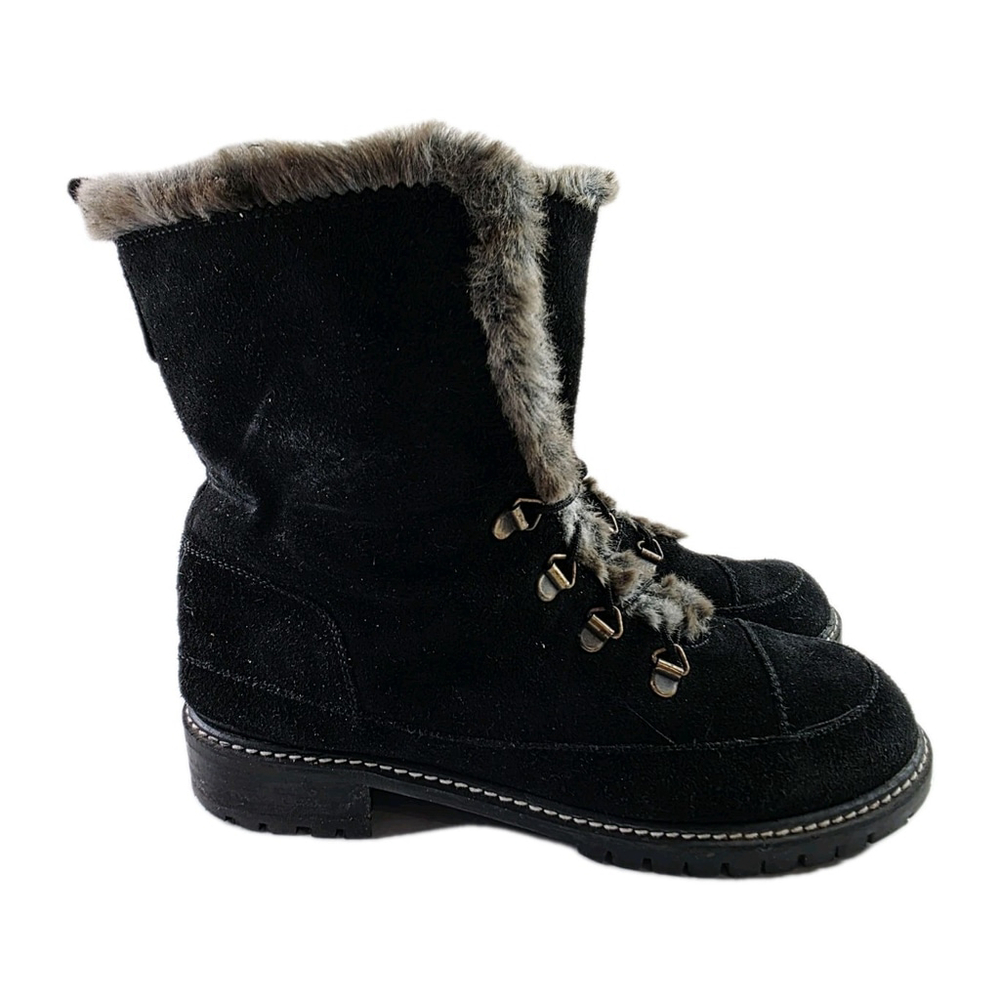 Stuart Weitzman Suede Fur Lined Lace Up Combat Boots Black Women's Size 7.5